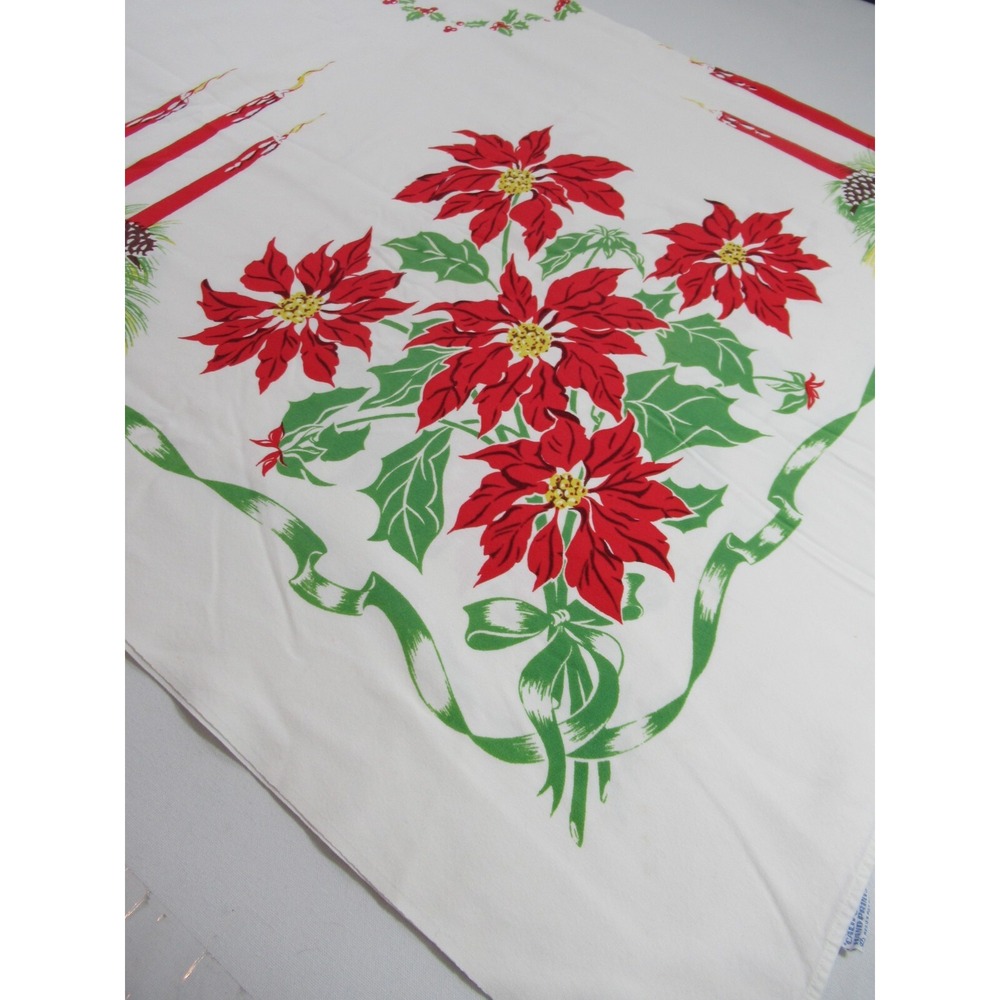 Vtg 50s 60s California Hand Prints Christmas Tablecloth Cotton Rectangle 60x78
